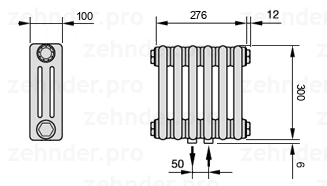 Схема (чертеж) Радиатор Zehnder Charleston 3030/6 №5410 Белый глянцевый RAL 9016